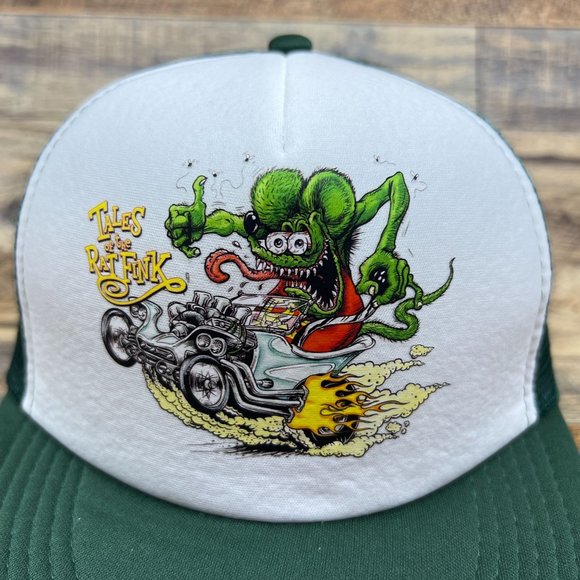 Vintage Rat Fink Mens Trucker Hat Green Snapback Ed Roth Mesh Flat Brimmed Cap - Picture 2 of 7